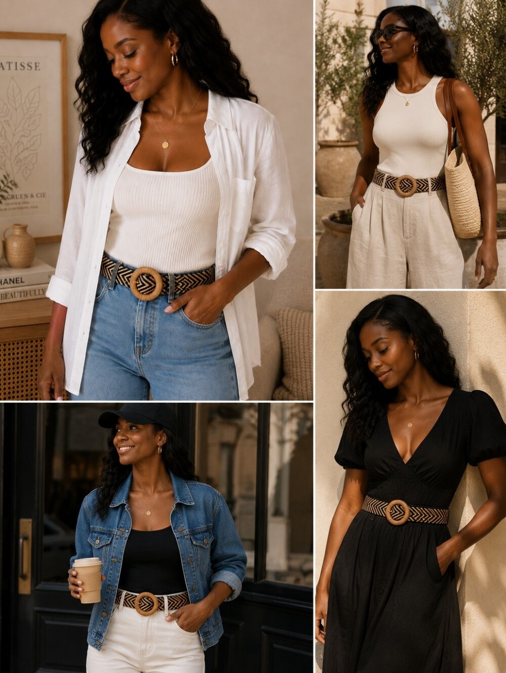 Haute Hippie Woven Belt with Round Wood-Look Buckle in Cream & Brown